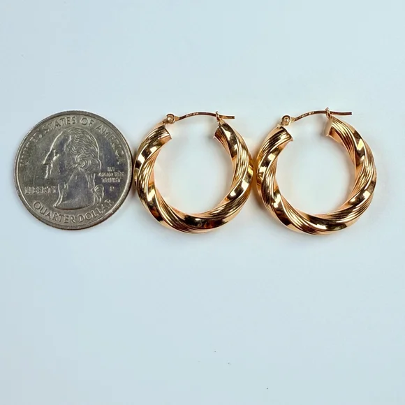 14K Solid Yellow Gold Jacmel Mauritius 24MM Twist Textured Hoop Earrings JCM - Picture 7 of 8